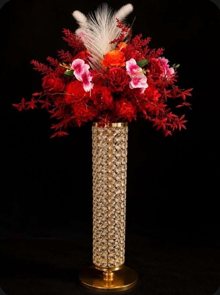 Crystal Beaded Gold Pedestal Column Vase