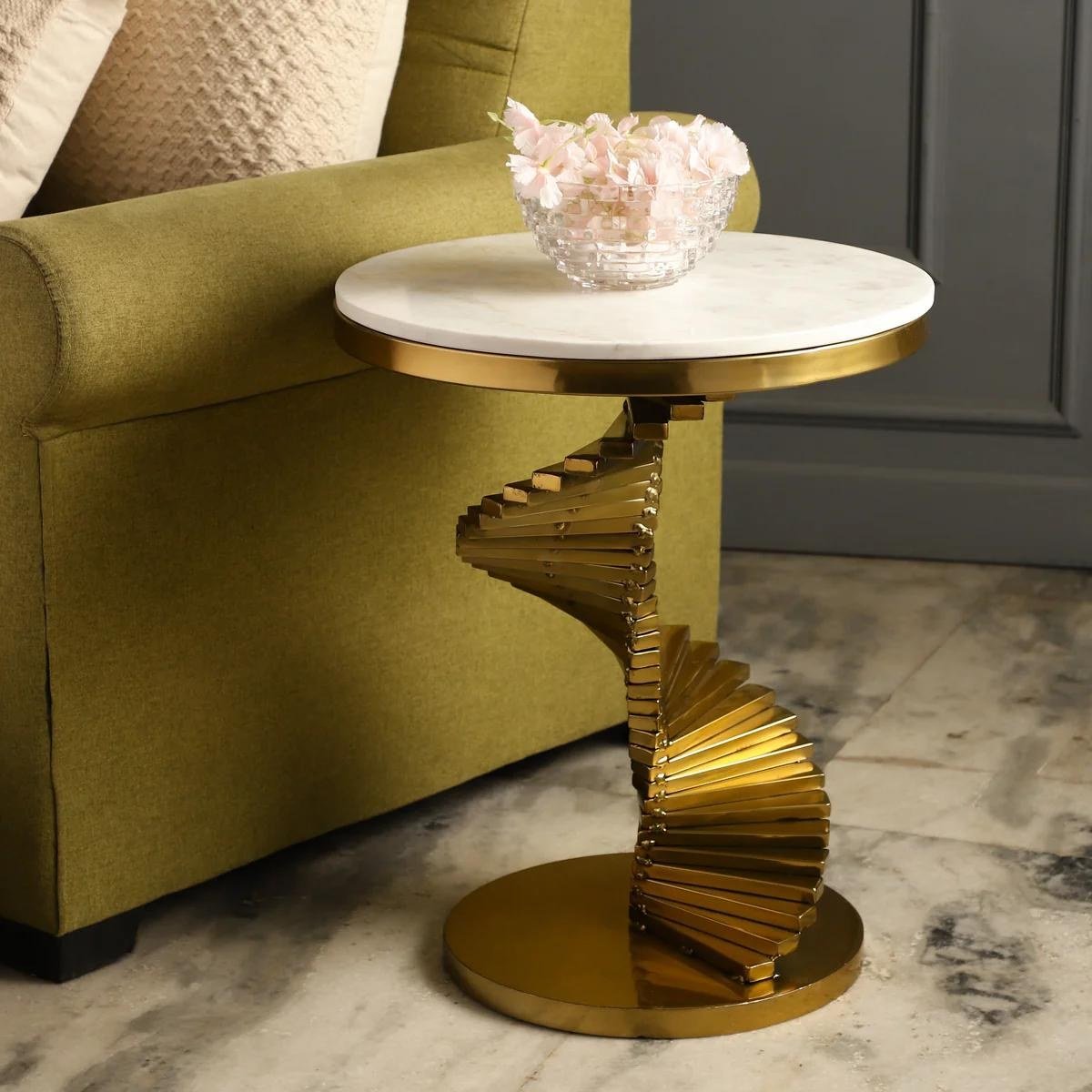 Helical Spiral Side Table with Marble Top